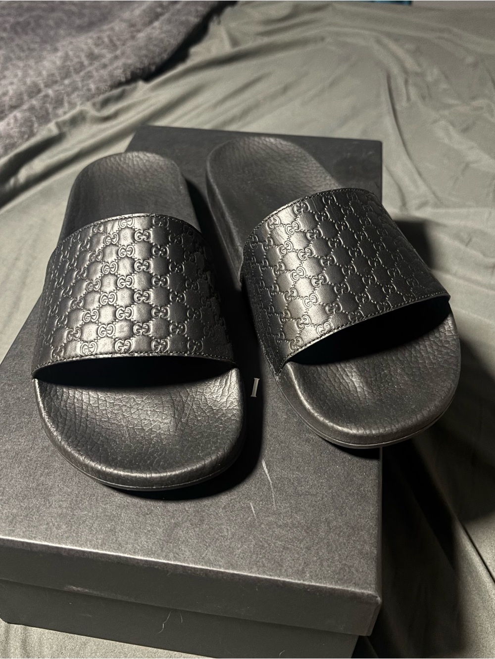 Gucci Black Embossed GG Slide Sandals Size. 7